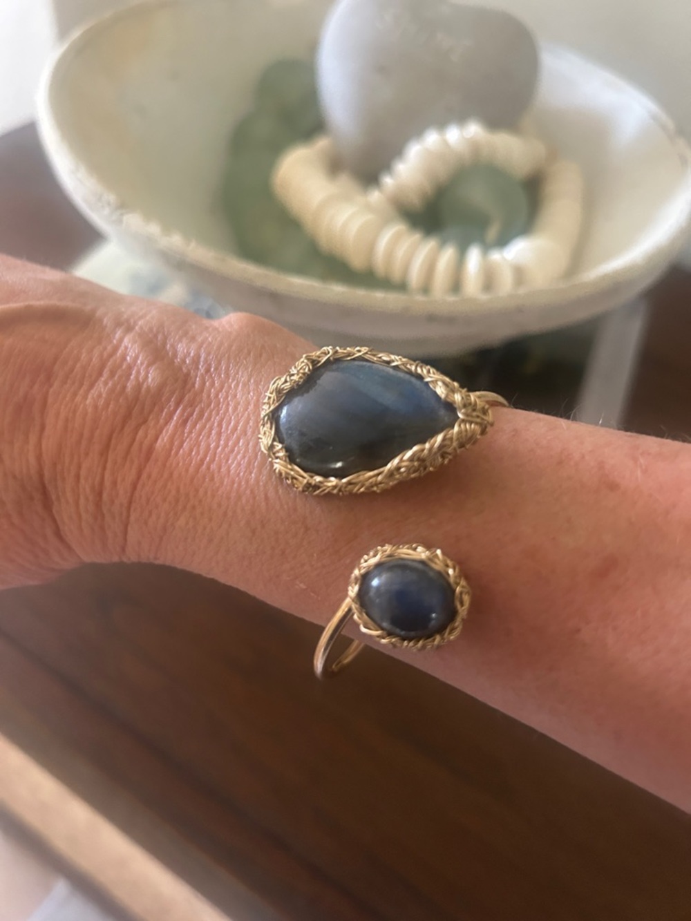 Gold-Tone Wire Wrap cuff bracelet with Blue Gemstone - Elegant Women's Jewelry